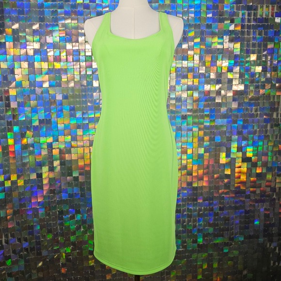 Golden‎ State Neon Lime Green Tank Dress Halter Neck Bodycon Mini Dress - Picture 2 of 7